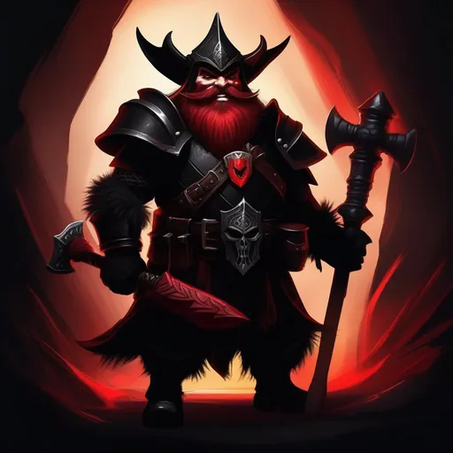 Prompt: portrait of an emo dwarf as an evil creature, moody, dark, black armor, edgy, holding a warhammer, dark magic, terrifying face, beard, red hat, creepy pose, full body, dramatic lighting, dark and horror, dust, sharp teeth, huge smile, red eyes, intricate, wild, highly detailed, digital painting, artstation, concept art, smooth, sharp focus, illustration, art by artgerm and greg rutkowski and alphonse mucha, footage from space camera