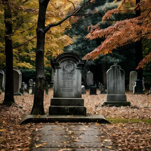 Prompt: draw a fall cemetery, dark toned, dead, leaves have fallen, detailed, gothic, realism, yokai, akuma, apparition, ghost, demon, spirit