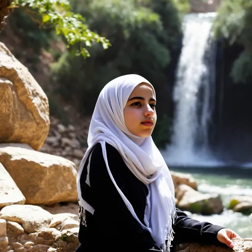 Prompt: Palestinian Teenage Girl wearing a Hijab near a waterfall