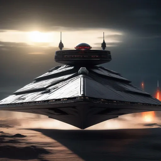 Prompt: A Star Destroyer from Star Wars movies in skys, Hyperrealistic, sharp focus, Professional, UHD, HDR, 8K, Render, electronic, dramatic, vivid, pressure, stress, nervous vibe, loud, tension, traumatic, dark, cataclysmic, violent, fighting, Epic