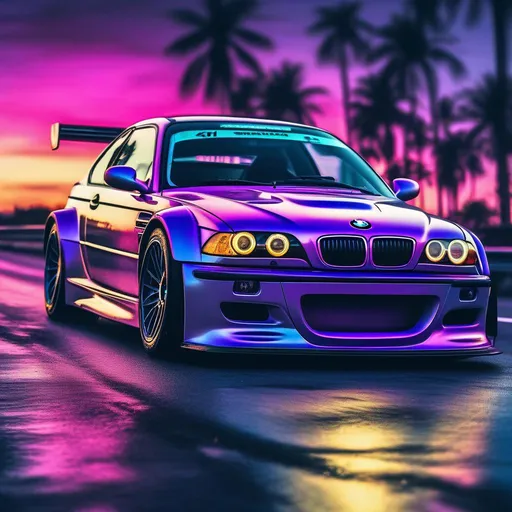 Prompt: 2001 BMW M3 E46 GTR, synthwave, aesthetic cyberpunk, miami, highway, dusk, neon lights, coastal highway, dusk, neon lights, coastal highway, sunset, drift, nurburgring, water on the road, blade runner, 64k, watercolor, macro sharp focus, 8, hyper realistic, cinematic, highly detailed, photoraelistic, clean, metallic, 3d