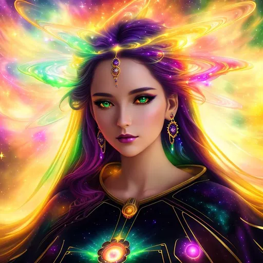 Prompt: Cosmic, Splendor, Beautiful, Vivid, cinematic, 3D, HD, {Liquid Plasma}(Melancholy Goddess) Nebula, gold silver Green Red Purple, mist, expansive Galactic background, hyper realistic, 8K --s98500