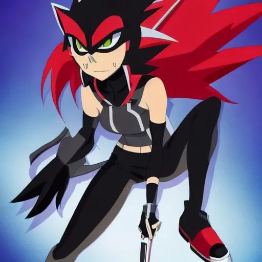 Prompt: Ryūshadow is a character that combines the rebellious attitude of Matoi Ryūko from Kill la Kill with the edginess and speed of Shadow the Hedgehog from the Sonic the Hedgehog series. Their design reflects the merging of these two distinct personalities.

Ryūshadow has spiky, dark blue hair with streaks of red, reminiscent of Ryūko's bold hairstyle. They wear a black leather jacket with red accents, symbolizing their edgy nature. Their outfit includes red and black sneakers for agility and mobility, and they wear fingerless gloves with sharp metal spikes, showcasing their fierce and combat-oriented side.

Their eyes are a striking combination of crimson and ruby red, representing both their determination and Shadow's signature color. Ryūshadow's physique is athletic and agile, reflecting their quick reflexes and combat skills.