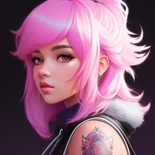 Prompt:  highly detailed concept art, beautiful person, fluffy hair, pony cut, modern streetwear, young woman, glowing tattoos, going in for a kiss, art by  Sakimichan