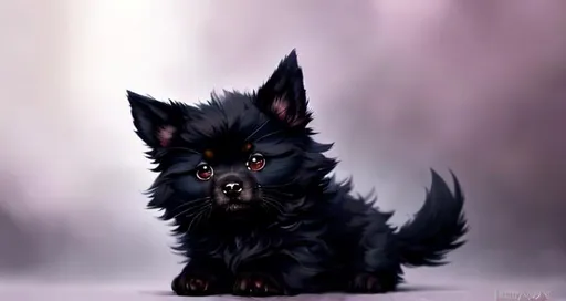 Prompt: Cute, black, fluffy, fantasy dark puppy, with dark, black eyes, very, dark fur, and possessing the element of darkness and making circles of dark magic move around in the air in a magical way. Perfect features, extremely detailed, realistic. Krenz Cushart + loish +gaston bussiere +craig mullins, j. c. leyendecker +Artgerm.