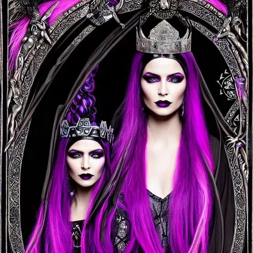 Prompt: hecate portrait painting style of  art neuvo, dark and moody, ((deep purple and black garment)), with ((bright pink hair)), wearing a crown of silver rays in the underworld, with persephone, ((wearing black garments))
