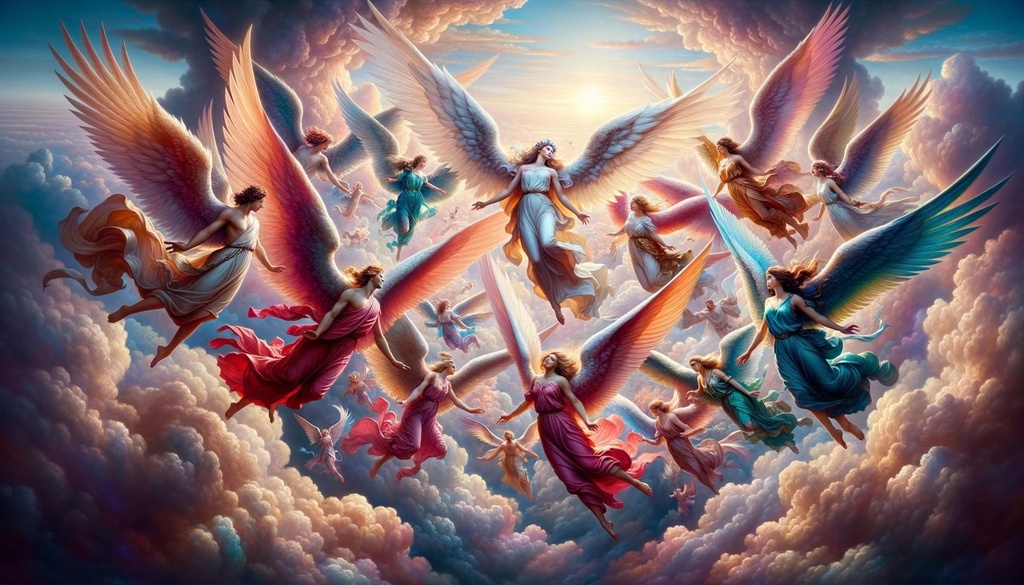 Prompt: Photo-realistic depiction of a heavenly realm. The foreground is adorned with a group of diverse angels, both male and female, of varying descent, in mid-flight. Their wings spread wide, with feathers shimmering in tones of crimson, azure, and gold. The backdrop features fluffy clouds bathed in the soft glow of a setting sun, and the entire scene is rendered in the style of colorful fantasy realism, bringing out the majesty and grace of the angels.