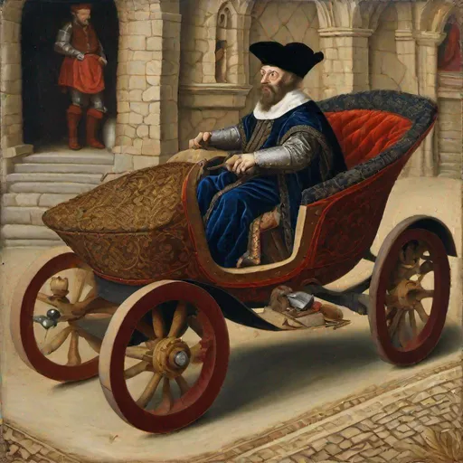 Prompt: Medieval merchant driving a sportscar, dressed in velvet and brocate, oil painting, 16th century, realistic, in the style of Tizian