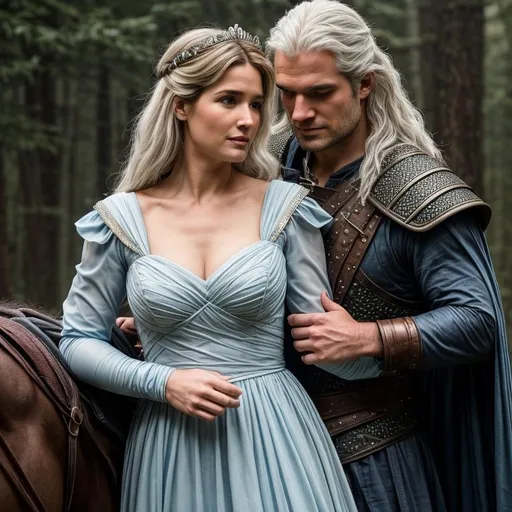 Prompt: Cobie Smulders dressed as princess wearing a light blue dress , hugging  Henry Cavill dressed as the witcher(white hair, gloves) looking at you, accurate face, super detailed face , realistic skin, perfect composition,8k, high quality, hyper realistic, realistic, sharp focus, movie scene,intricate details, highly detailed,in breezing morning   environment, 