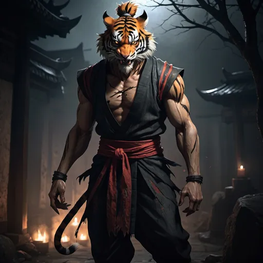 Prompt: Full body, 伥, male chinese weretiger, walking upright, tiger fur, fierce look, torn chinese clothing, topknot hair, 
sharp fangs and claws, cunning eyes and evil grin, spooky atmosphere, RPG-fantasy, intense, detailed, game-rpg style, dark and eerie lighting, sinister vibe, fantasy, horror, weretiger, detailed character design, atmospheric, spooky ambiance