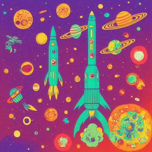 Prompt: a vibrant space scene with psychedelic nebulae tshirt art, colorful planets, and a rocket with a cute alien creature waving from the window, a pizza is floating in space and there's a river of coffee, PSYastro isometric Graphic Vector desgin, the style is characterized by a vibrant and moody color palette with strong emphasis on neon and fluorescent tones, and intricate designs. The style is heavily influenced by The Flaming Lips Psychedelia, with elements of Kybalion, Ying Yang, Psychedelic, Magick, and Occult symbolism, often fantastical and surreal, visually striking and highly detailed, realistic