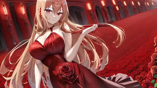 Prompt: {{{Best quality}}}, {{{hyper realistic}}}, {{{Hyper detailed}}}, woman, lady, girl, female, beautiful, long dirty blond hair, blood red eyes, long midnight black dress, blood red roses at bottom, blood red roses dress design, blood red roses, amazing, {{{filmic}}}