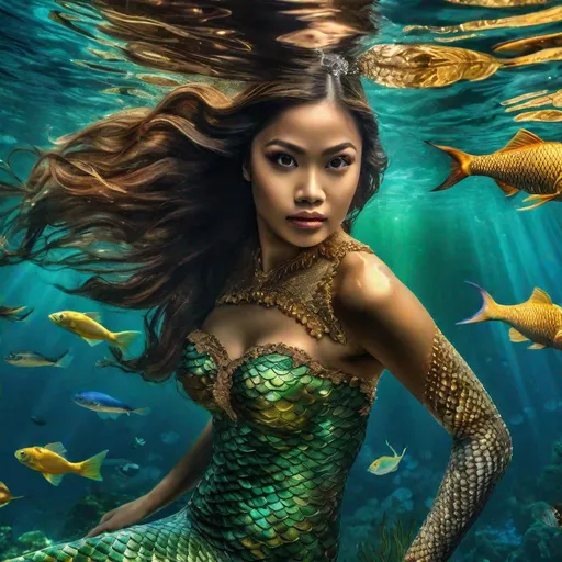 Prompt: pretty Indonesian mermaid with a fish tail, (round face, high cheekbones, almond-shaped brown eyes, small delicate nose), swimming underwater, (mermaid with fish tail), RAW photo, masterpiece, intricate detail, hyper-realistic, photorealism, hyper detailed texturing, high resolution, best quality, UHD, HDR, 8K, award-winning photograph, octane render
