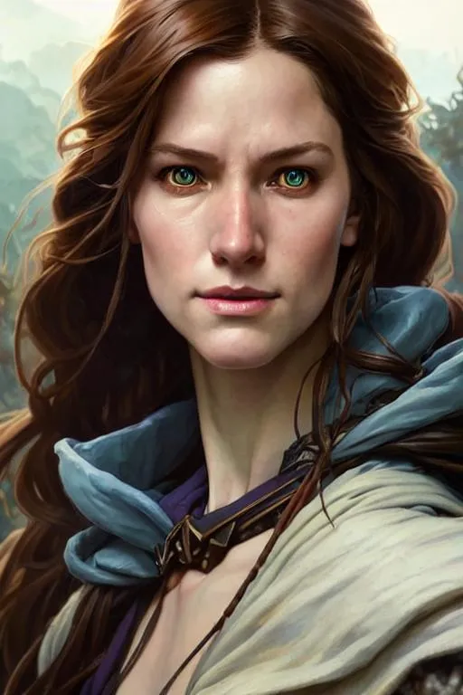 Prompt: realistic portrait of a dnd female baroness, D&D, brown hair, brown eyes, highly detailed, concept art, smooth, art by artgerm and greg rutkowski and alphonse mucha and simon stalenhag, ambient lighting, fantasy, full view, close up to face, highly detailed face, sharp face, blue clothes and coat