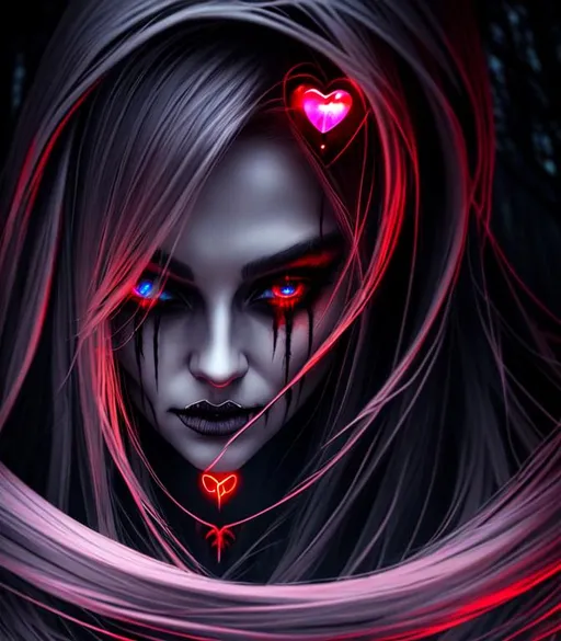 Prompt: Horror, twisted, scary, ominous, cinematic, 3D, HD, Beautiful!! {female}Witch, detailed gorgeous face, Beautiful big {heart-shaped}reflective eyes, long flowing hair, expansive cemetery background, sunset, hyper realistic, 16K --s98500