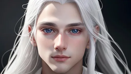 Prompt: A beautiful boy with no beard and long white hair, grey eyes, close-up face, detailed painting, 8k, perfect render, soft lighting, perfect composition, looking into camera, high-resolution painting