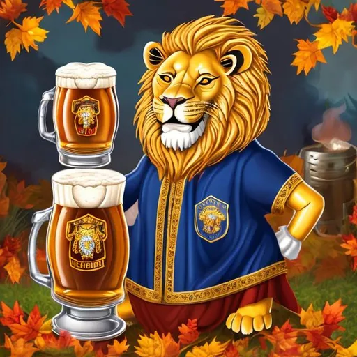 Prompt: smiling lion with a large stein of beer and wearing a regal robe of royal blue and gold in a beer garden with fiery fall foliage and a firepit 