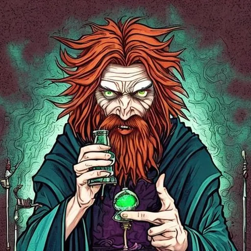 Prompt: A wizard with red hair who is drinking a potion. He is high and his eyes are red and bloodshot. He is addicted to the potion he is drinking. He looks like a very chilled out person. The art should be psychadelic and crazy