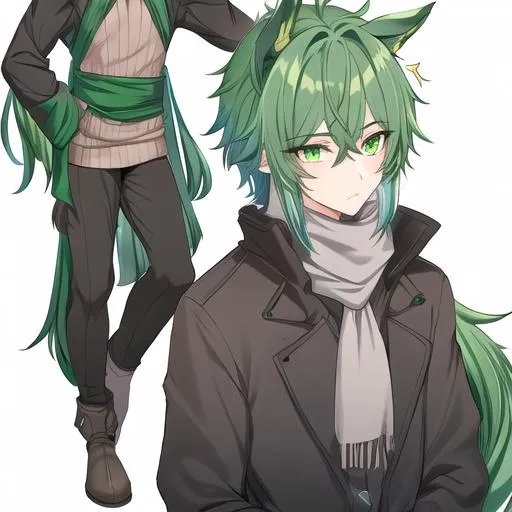 Prompt: Male. masculine build. human animatronic hybrid, with focused emerald eyes. Emerald colored feathery pegasus wings and tail. Short dark Green ombre hair. horse ears. adult He wears grey comfy leggings, a white oversized sweater, brown boots. And a green scarf.