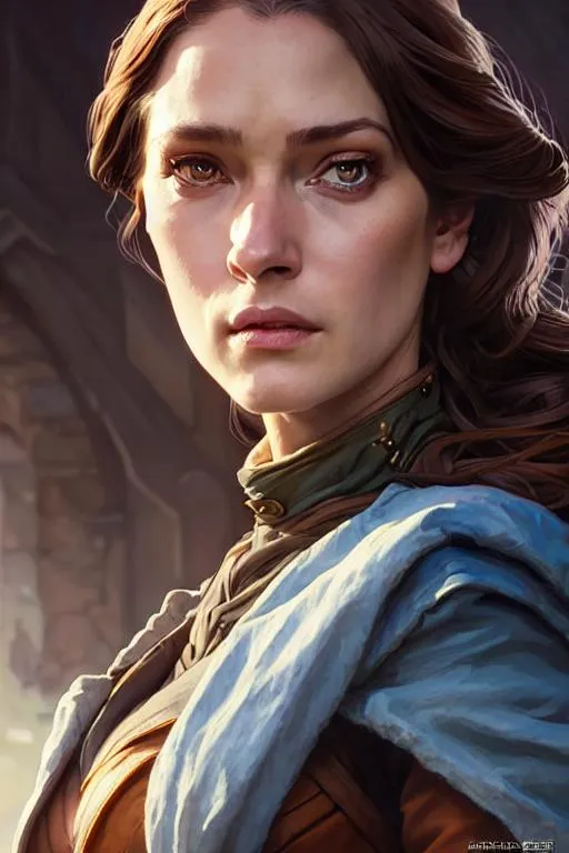 Prompt: realistic portrait of a dnd woman baroness, D&D, brown hair, brown eyes, highly detailed, concept art, smooth, art by artgerm and greg rutkowski and alphonse mucha and simon stalenhag, ambient lighting, fantasy, full view, close up to face, highly detailed face, sharp face, blue clothes and coat, dress