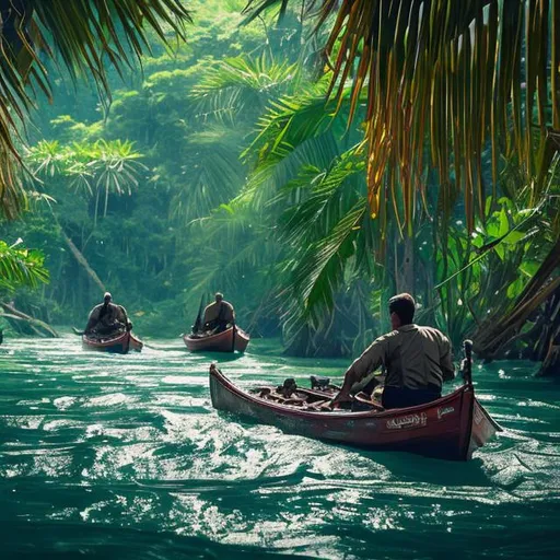 Prompt: An intense action film scene  two long tail boats with one person each only drifting each other on a narrow river in a dense tropical forest 