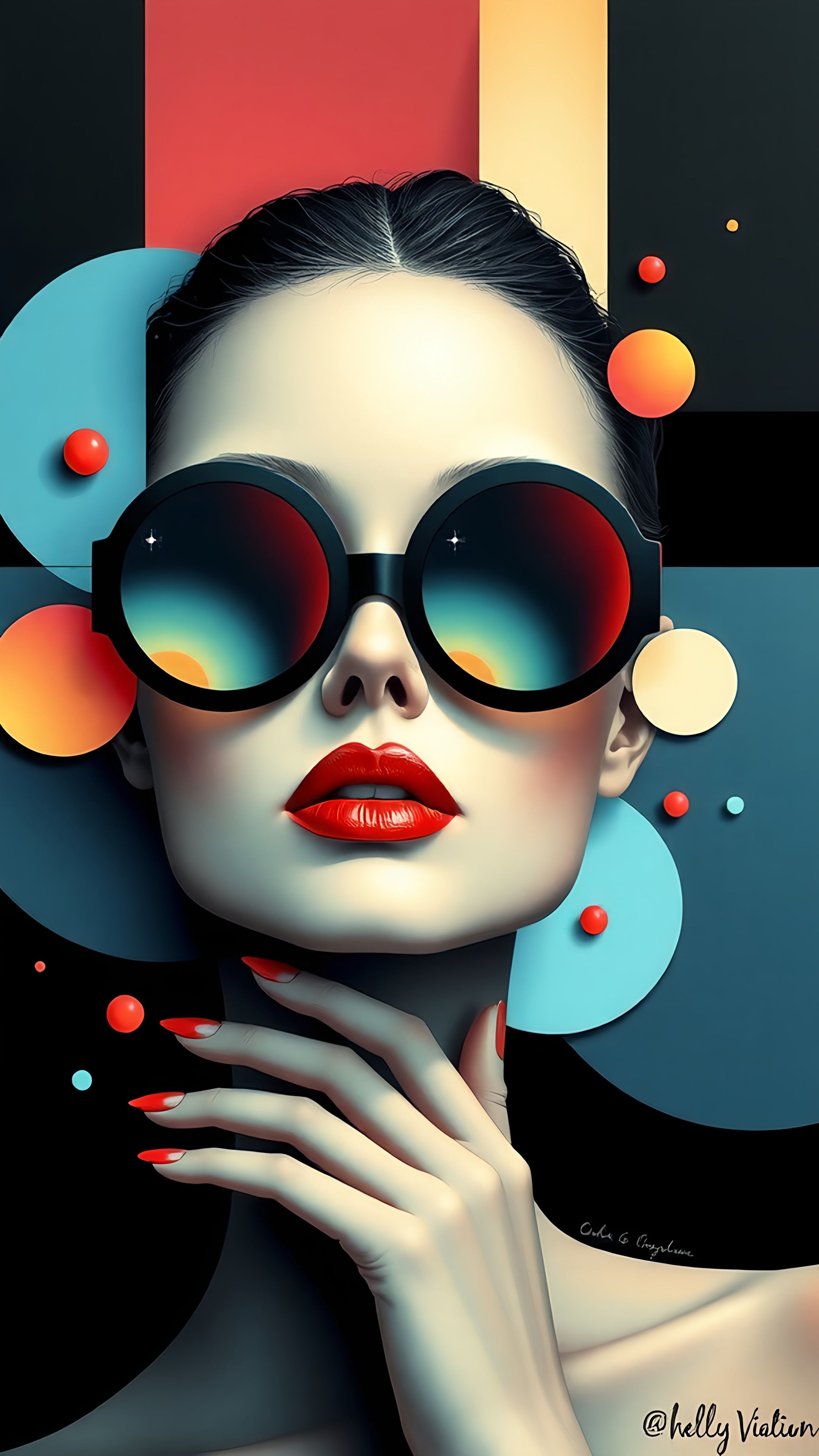 Prompt: a woman with red lipstick and sunglasses on her face and a black background with circles around her face and a red lip, psychedelic art, behance hd, a pop art painting