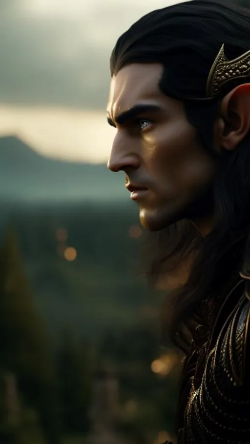 Prompt: Highly Detailed Photo (Wide Shot) of Elven Man(Medium length black hair) has birthmark around left eye,  his expression is difficult to read, is Royal has (intricate detail) magic fire emanating from hand, the elven man could be dangerous, the elven man looks as though is able to conjure magics. Dark Fantasy 8K rendering 4K, Character Concept art