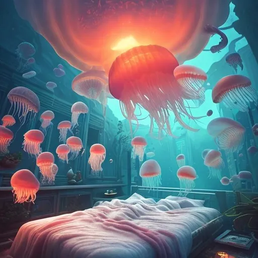 Prompt: Cozy bedroom filled with water and jellyfish, Masterpiece, top quality, best quality, official art, beautiful and aesthetic:1.2), cinematic shot, centered, Instagram able, ultra detailed, intricate, (epic composition, epic proportion), volumetric lighting, cold color, award winning, photography