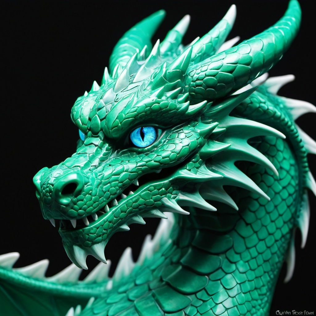 Emerald green dragon with light blue eyes