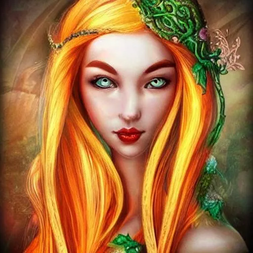 Prompt: Elven 
Orange hair
Women
Pretty
Fantasy 
Art
Green eyes
