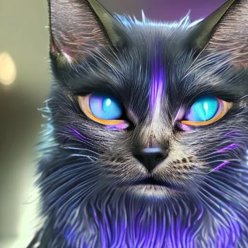 Prompt: a cat, blue and purple fur, glitter, fur detail, hyperrealistic, very detailed, 8k, dramatic lighning, Anthropomorphic, sharp focus, maximum texture, unreal engine, octane render, hdr, ray tracing, intricate details, insanely detailed, action hero, epic wide Hyborea background, modern, dramatic lighting, Award Winning photography