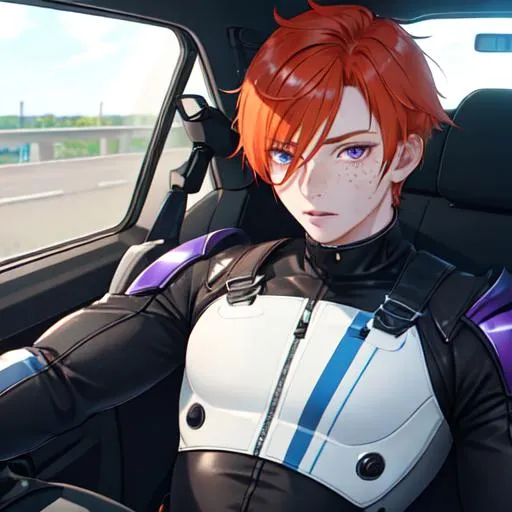 Prompt: Erikku male (short ginger hair, freckles, right eye blue left eye purple) muscular, riding a motorcycle on the freeway, UHD, 8K, Highly detailed, insane detail, best quality, high quality