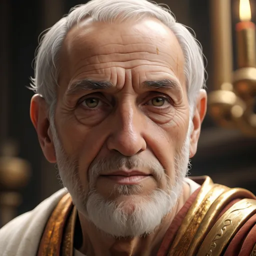 Prompt: create  A hyper-realistic, high quality, professional photographic image of an elderly, venerable,  ancient Greek priest of Apollo, very detailed realism in lighting highlights reflection off surfaces and moisture giving enhanced life-like realism to textures, 8k UHD high-definition  high-resolution photographic life-like portrait image,  time worn ancient priest vestiments with gold laurel highlights, taken with a 28mm short focal length, f/2.8 depth of field, 100 iso high quality macro-detailed film resolution. Dramatic lighting in a hazy diffused light beams cast high angle light with dramatic  high contrast soft lighting with deep shadows giving enhanced textures with vivid colors orange warm 1000.  A dreamy atmosphere gives a inspirational feel, spacious and expansive with extreme life-like realism in a dramatic dark noir style with an ancient temple of Apollo in the background...  Subject has short graying hair with ultra realistic texture, soft glow hair light. Dark brown eyes are hyper-realistic realistic with glistening reflective moisture highlights and reflects off eyes surface giving enhanced life-like realism to a soft glow in eyes brings out realism, 8k UHD  diffused light cast high contrast resolution with extreme life-like realistic glossy detail, soft glow reflection, eyes iris is 8k UHD ultra high-resolution realism with a faint glow. Dark olive skin tone with wrinkles and age lines showing signs of aging is ultra realistic fine detailed, with moisture glistening on high resolution skin surfaces with 8k UHD ultra high definition on smooth skin.  forlorn look on his face .the subject has softbox umbrella diffused lighting at a side frontal high angle creating enhanced realism textures and dramatic high contrast with deep shadows.