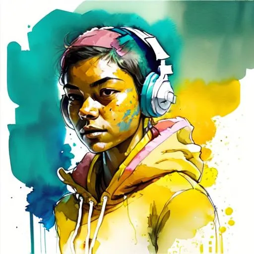 Prompt: A picture of a tan person with teal headphones on. Great detail. Water color dobs of yellow,  pink, blue and any colour that enhances the image. An enthused person. High vibes. 