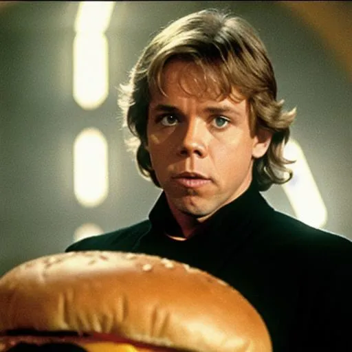 Prompt: A high quality movie still of Return of the Jedi Luke Skywalker eating a giant cheeseburger, Mark Hamill, ultra realistic ultra-high definition skin, dramatic lighting, accurate face,
