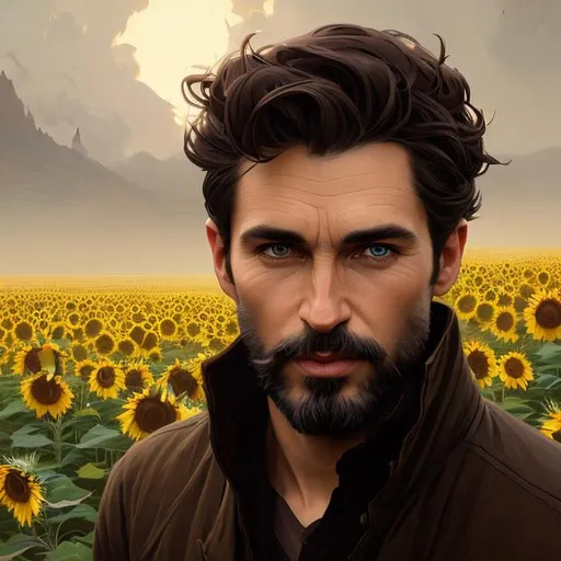 Prompt: Wide angle full body splash art portrait of a skinny ruggedly handsome dark brown haired man with short hair, unshaven, 30 years old, in a sunflower field, very dark brown eyes, victorian light clothes, elegant, highly detailed, intricate, smooth, sharp focus, artstation, digital painting, concept art, art by greg rutkowski, alphonse mucha and John William Waterhouse, light, romantic, nostalgic, warm colors, golden light