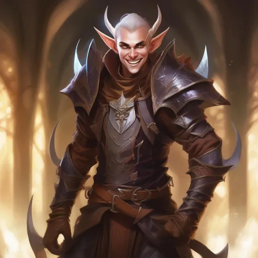 Prompt: d&d eladrin arcane trickster, mad toothy grin, heroic, brightly glowing eyes, badass, magic AF, creepy, chaotic, dangerous, hi res, lucky, masculine, leather armor, gorgeous, long elf ears, unhinged