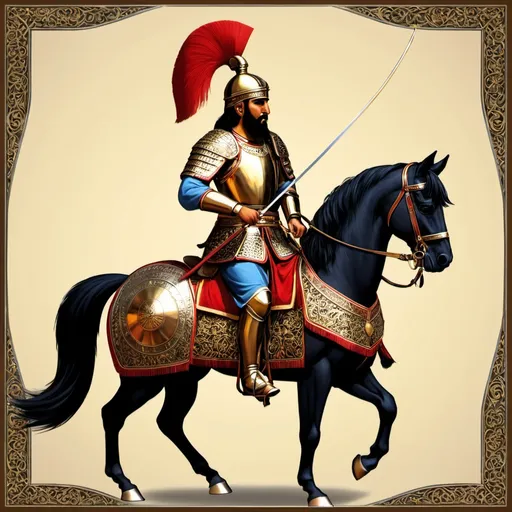 Prompt: A skilled Sassanid general named Farid, who would be considered one of the greatest generals of antiquity/ early medieval history. This is his armaments appearance:
New Armaments:
Composite Bow: Farid now wields a composite bow, renowned for its power, accuracy, and durability. Crafted from a combination of wood, horn, and sinew, this bow delivers formidable force with each shot, capable of piercing armor and striking down foes at great distances. It is adorned with intricate carvings and embellishments, reflecting Farid's status as a nobleman and military leader.
Javelins: In addition to his bow, Farid carries a set of javelins for throwing at enemy formations or individual targets. These javelins are balanced for accuracy and penetration, allowing Farid to strike with deadly precision from a distance. They are adorned with decorative tassels and feathers, adding to their aesthetic appeal.
Spear: Farid now carries a spear as a versatile weapon for both mounted and dismounted combat. This spear features a sturdy shaft made of hardwood, tipped with a sharp steel point for thrusting and stabbing. It is adorned with ornate engravings and inlays, signifying Farid's rank and authority as a Spahbed in the Sasanian Empire.
New Horse Armor:
Farid's steed, named Azar, is now equipped with a suit of horse armor befitting its master's status and renown. The barding consists of interlocking metal plates or scales, providing comprehensive protection to Azar's chest, flanks, and hindquarters. It is adorned with intricate patterns and designs, symbolizing the glory and valor of the Sasanian Empire.
Helmet: Azar's armor includes a helmet-like caparison covering its head and ears, offering additional protection against enemy attacks and projectiles. It is adorned with plumes of feathers or horsehair, adding to Azar's majestic appearance on the battlefield.
Decorative Accents: Azar's armor is embellished with decorative accents such as engraved motifs, gemstone inlays, and tassels, reflecting Farid's wealth and taste as a nobleman and warrior. These ornamental elements serve to enhance Azar's appearance while also providing functional benefits in combat.
Overall, Farid's new armaments and horse armor enhance his martial prowess and prestige on the battlefield, ensuring that he and his steed are well-prepared to face any challenges that may arise in the service of the Sasanian Empire. (from chatgpt)