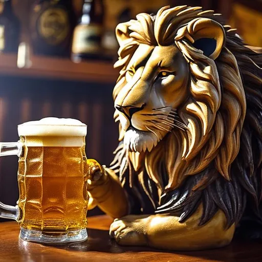 Prompt: closeup of lion drinking a stein of beer