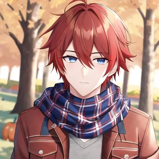 Prompt: Zerif 1male (Red side-swept hair covering his right eye, blue eyes), highly detailed face, wearing a cozy flannel shirt and a pair of stylish jeans. In the park, fall.  wearing a scarf, looking up at the sky, in a pumpkin patch, adult. Handsome,  detailed, UHD, HD, 4K, highly detailed, red haze, masculine, anime style