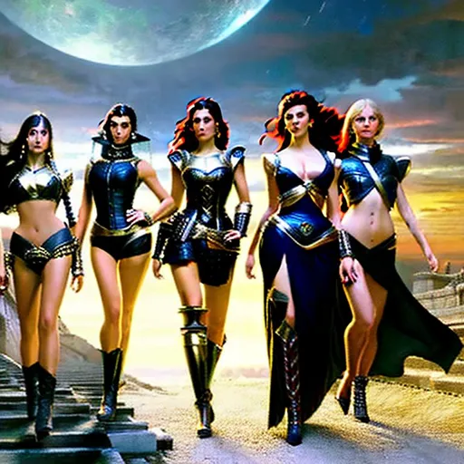 Prompt: Eight gorgeous gynoid sister-muses witness the Battle of Hopepunk Boulevard from the city ramparts while searching for their lost android brother, during the Dreamtropolis Uprising of 2066 CE.
fantasy sci-fi art, william bouguereau, alphonse mucha, maxfield parrish, luis royo, sorolla,  juan gimenez, holographic 
 volumetric lighting, occlusion, Unreal Engine 5 128K UHD Octane