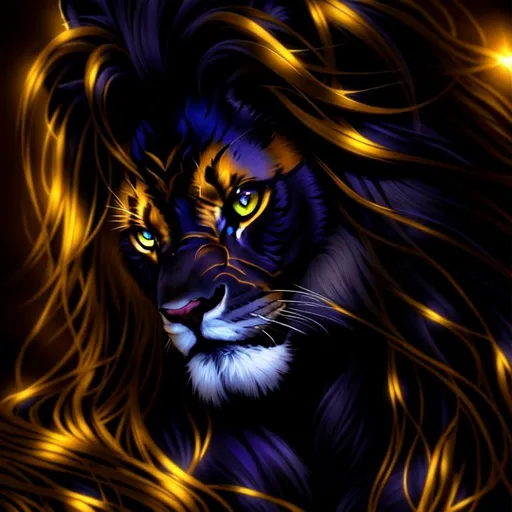 Prompt: dark, silk, Beautiful, Nebula {African}Lion plasma gold silver black, big dreamy eyes, beautiful intricately-colored, symmetrical, Beautiful and Gorgeous, hyper realistic, expansive {black}satin background, hyper realistic, 64K --s99500