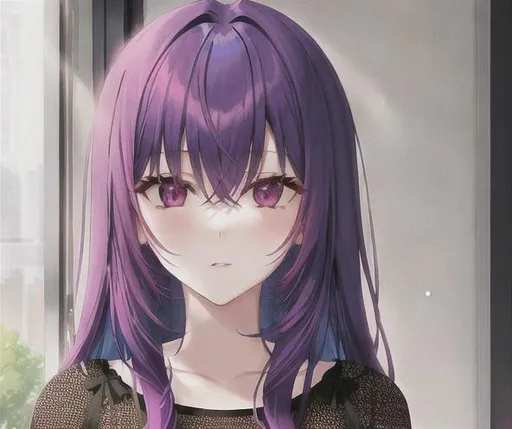 Prompt: Girl with purple hair and red eyes in the future 
