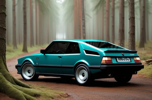 Prompt: SAAB 900 super sport concept ,teal with black  accents, outside in  forest  