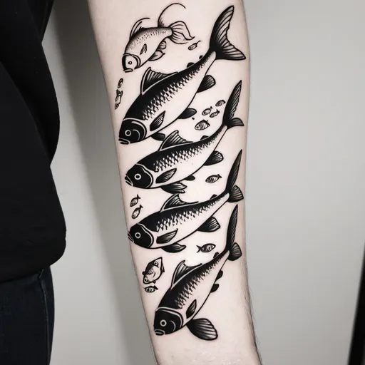 Prompt: a black and white tattoo of a school of fish