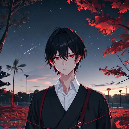 Prompt: Damien (male, short black hair, red eyes) in the park at night, casual outfit, dark out, nighttime, midnight, 8k resolution, awe inspiring, epic, ultra detailed, high resolution, include original colors, dramatic, volumetric,  extreme detail in the sky,