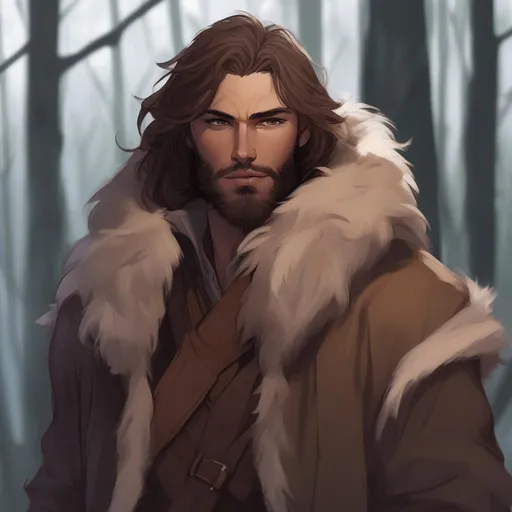 Prompt: dnd a male human with long messy brown hair and a messy stubble beard wearing pelts and furs in the forest