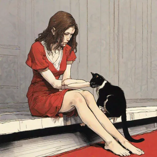 Prompt: a realistic photo of a crying 25 years old woman human with shoulder-length brown hair,  forward with her legs dangling over the edge of the stage which is lit in red and gold, she is staring sadly into her lap while a cat approaches her from her left and the cat touches her arm with his paw. The cat's colors are black and white with cow pattern. the cats is a ghost. high resolution. 4k. realistic. audience behind the women.
