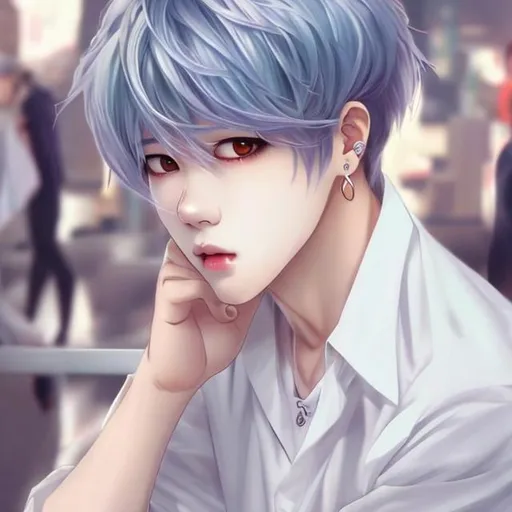 Prompt: jimin anime boy with white hair