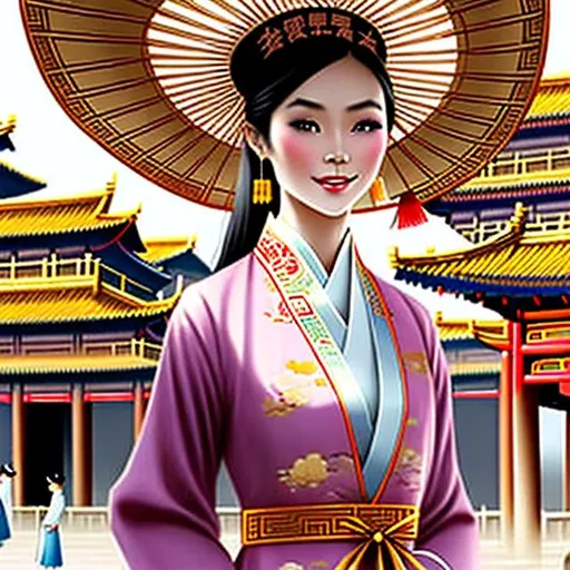 Prompt: An Asian woman wearing an ascot necktie and traditional Chinese garb. Over the necktie is an overcoat robe in the traditional Chinese style. Hanfu, the person is wearing a mix of a business suit and East Asian attire, the person is wearing a fancy sun hat, the person is surrounded by Chinese domed buildings, landscape, realistic, photograph